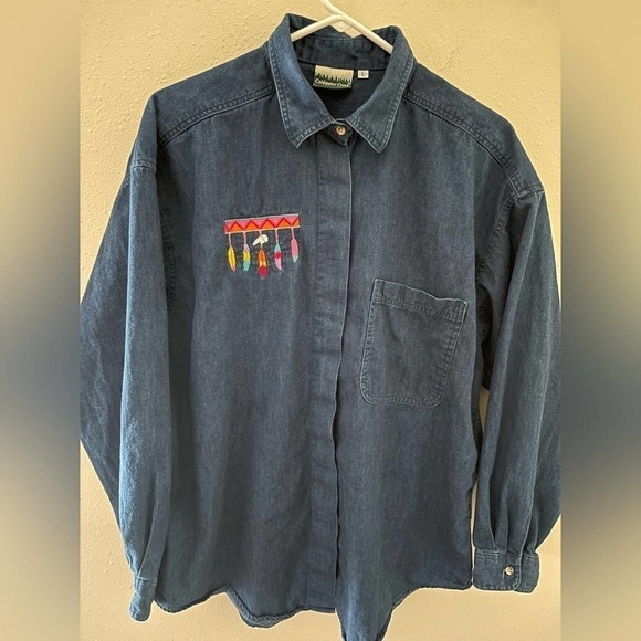 ColdWater Creek Long Sleeve Denim Embroidered Hanging Feathers Button Down Shirt - Picture 1 of 6